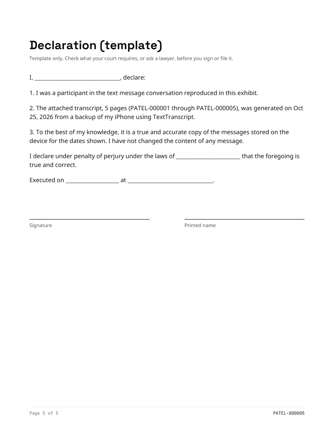 Declaration template page
